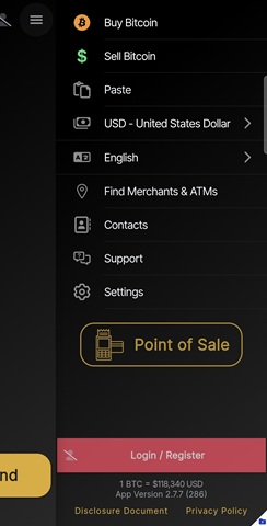 Wallet of Satoshi Menu